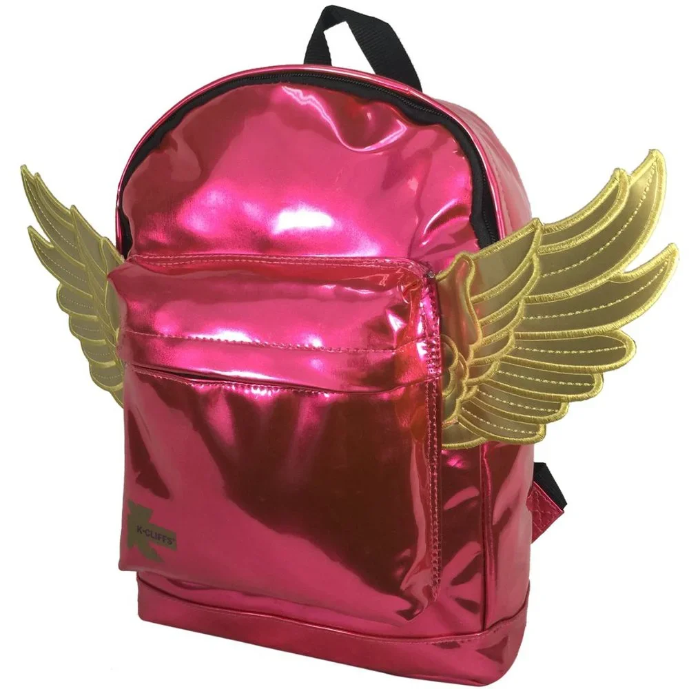 Kids Metallic Pink Wing Backpack - 3D Gold Wings